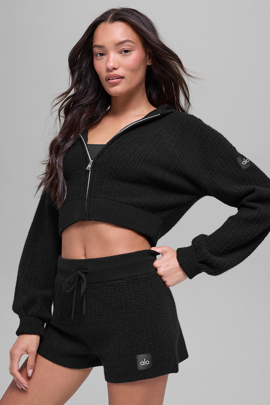 Cashmere Plush Waffle Full Zip Hoodie - Black