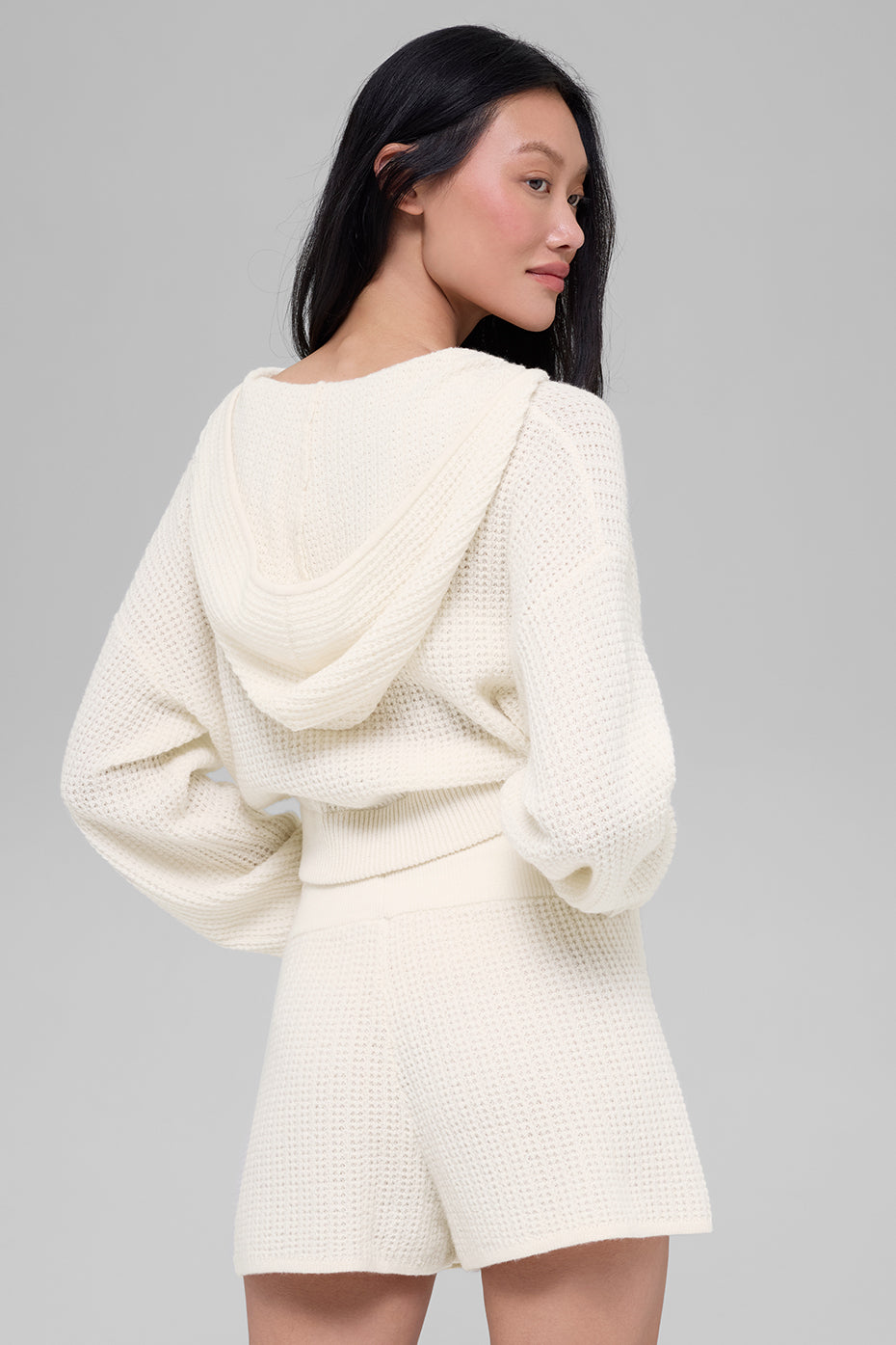 Cashmere Plush Waffle Full Zip Hoodie - Ivory
