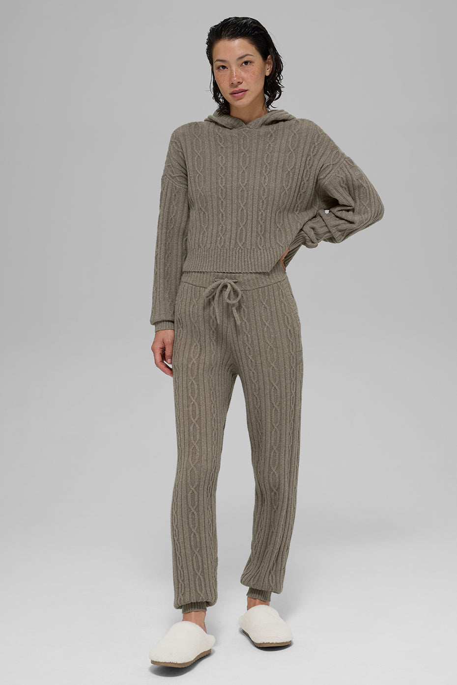 Cable Knit Winter Bliss Hoodie - Light Cocoa