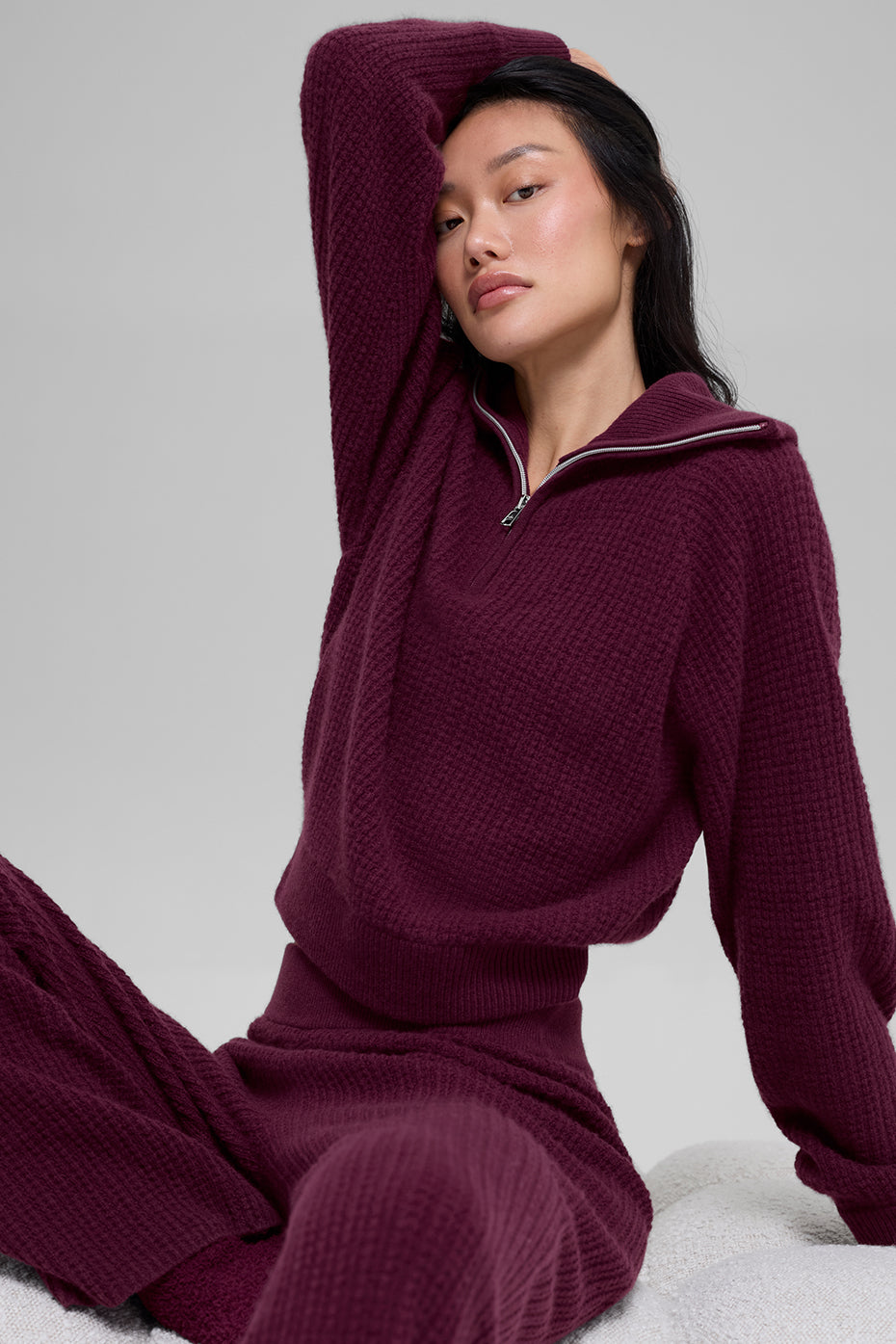 Cashmere Plush Waffle 1/4 Zip Pullover - Burgundy