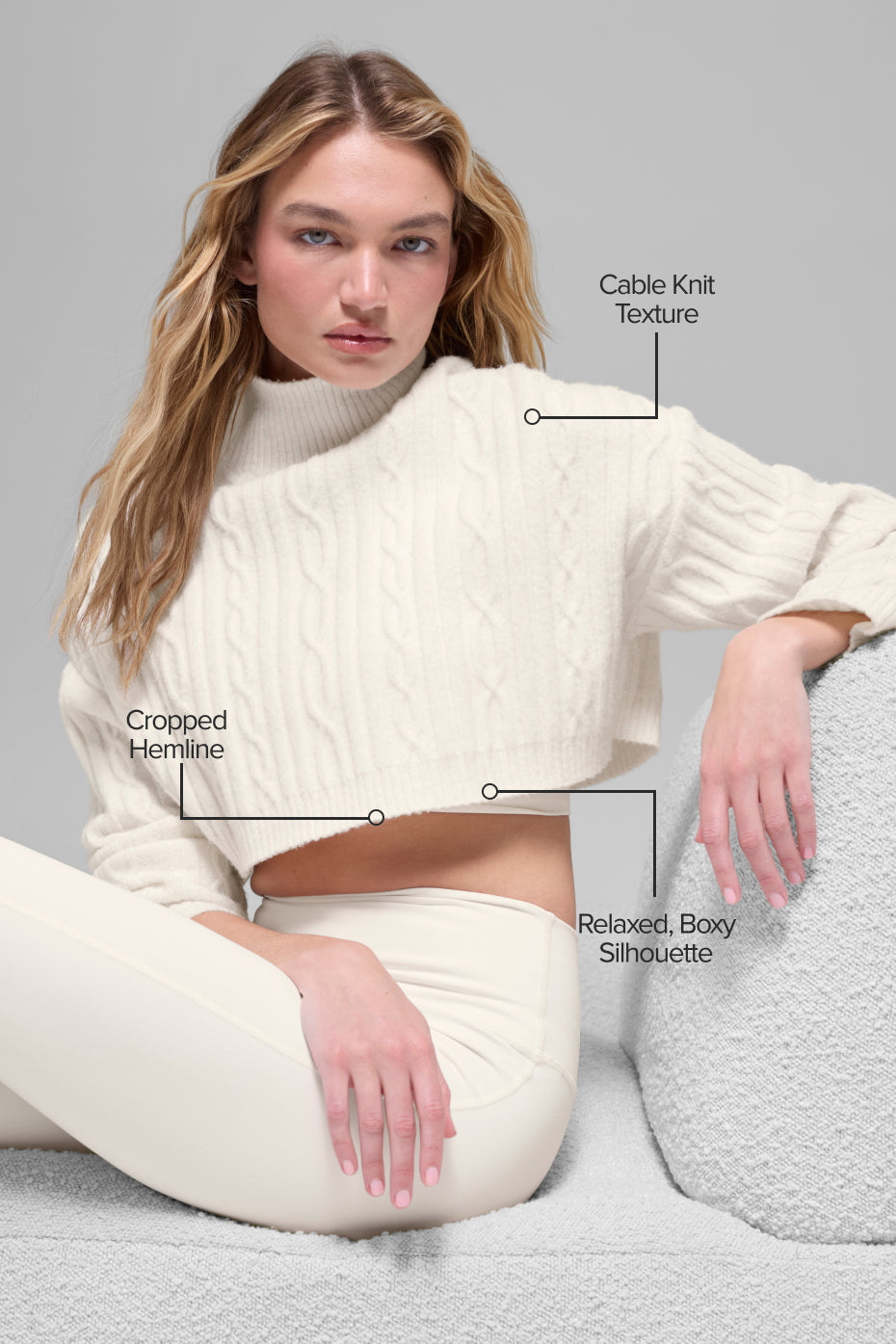 Cable Knit Cropped Winter Bliss Turtleneck Long Sleeve - Ivory