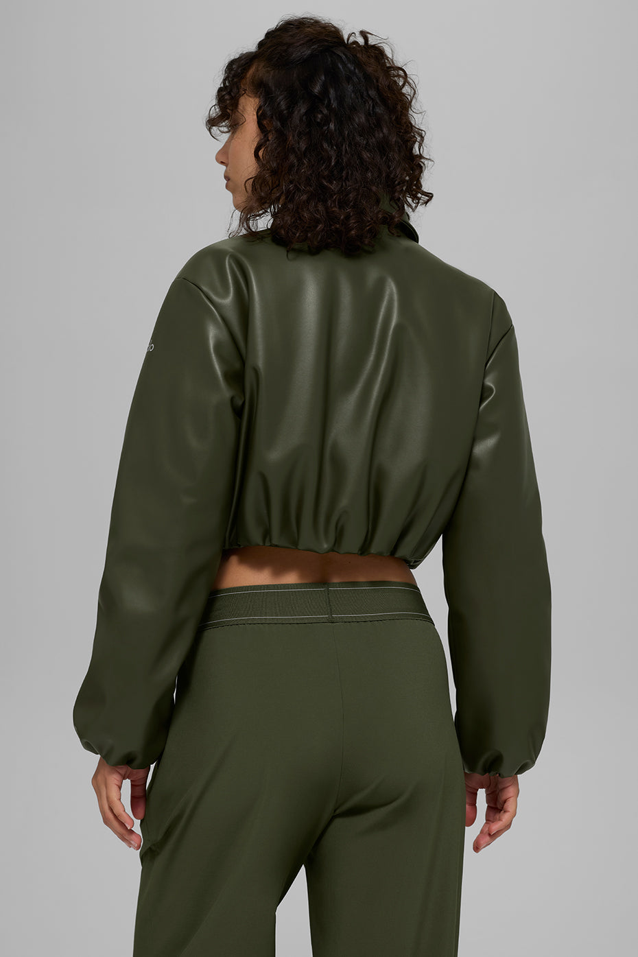 Faux Leather Cropped Premier Bomber - Green Olive
