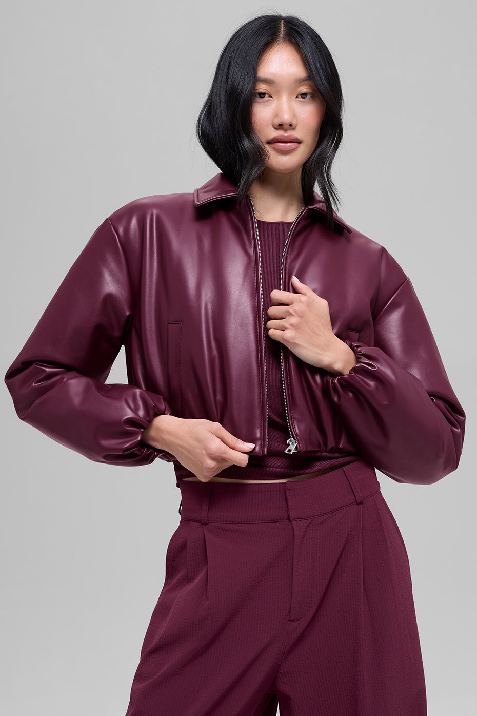 Faux Leather Cropped Premier Bomber - Burgundy