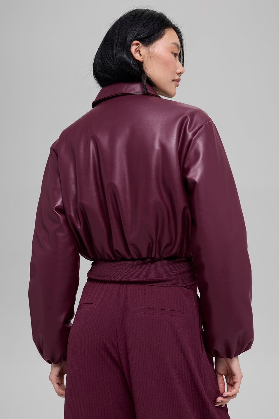 Faux Leather Cropped Premier Bomber - Burgundy