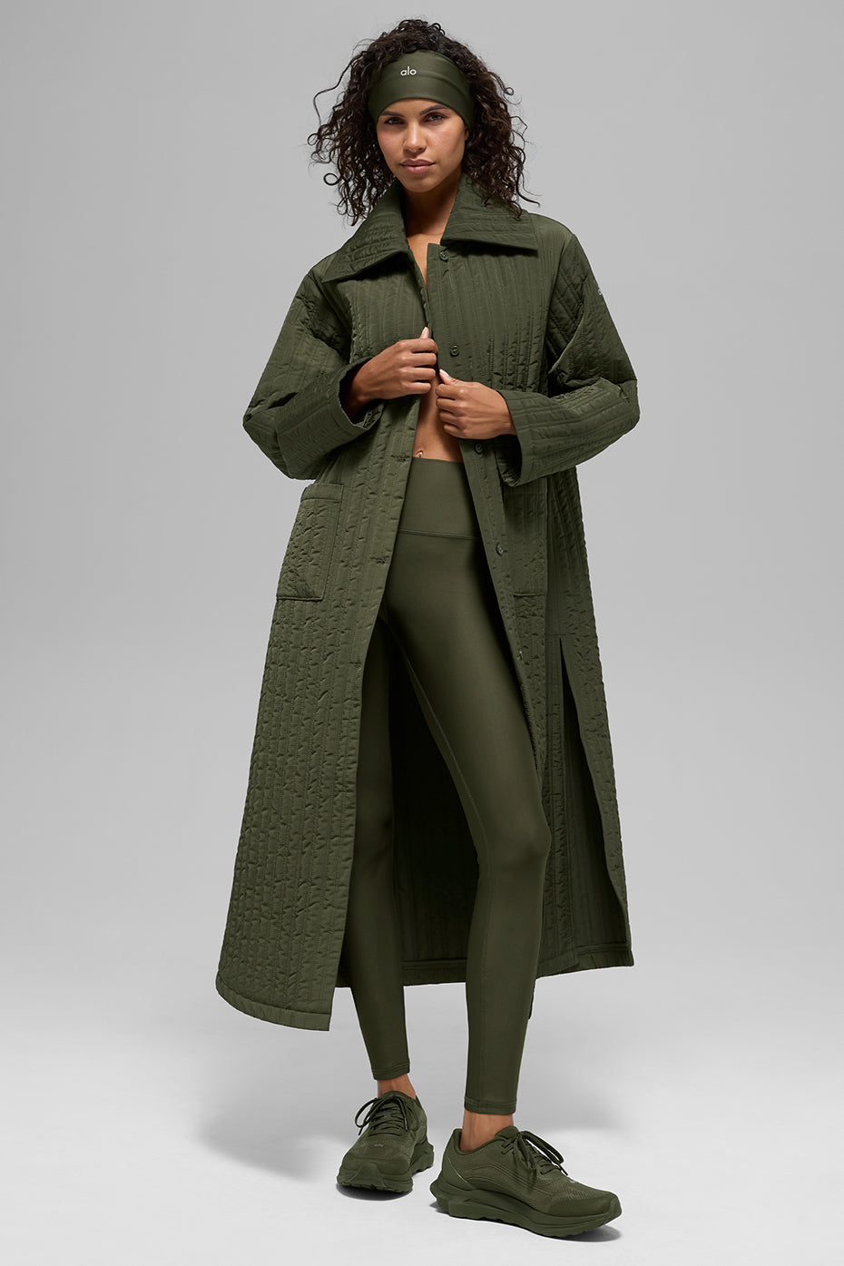 Quilted Skyline Long Coat - Green Olive