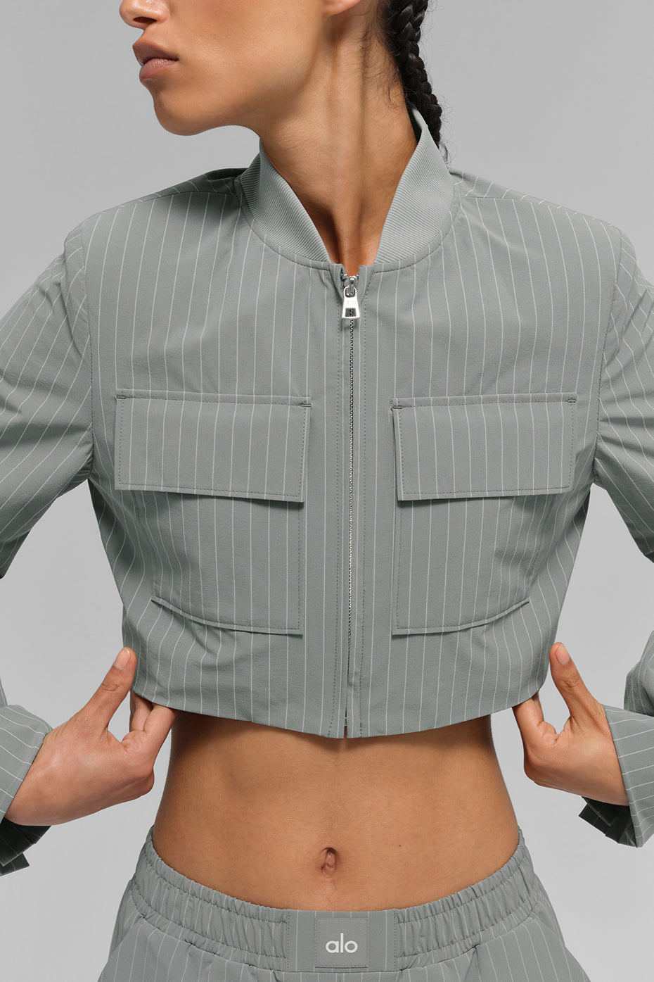 Cropped Pinstripe Main Character Full Zip Jacket - Lunar Grey/White
