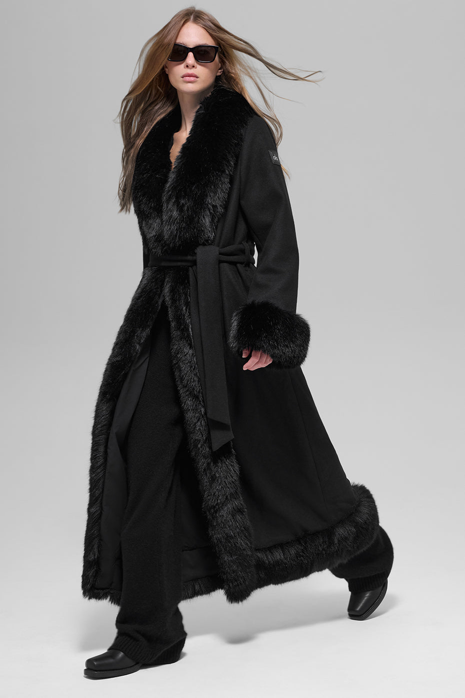Faux Fur Trimmed Longline Coat - Black