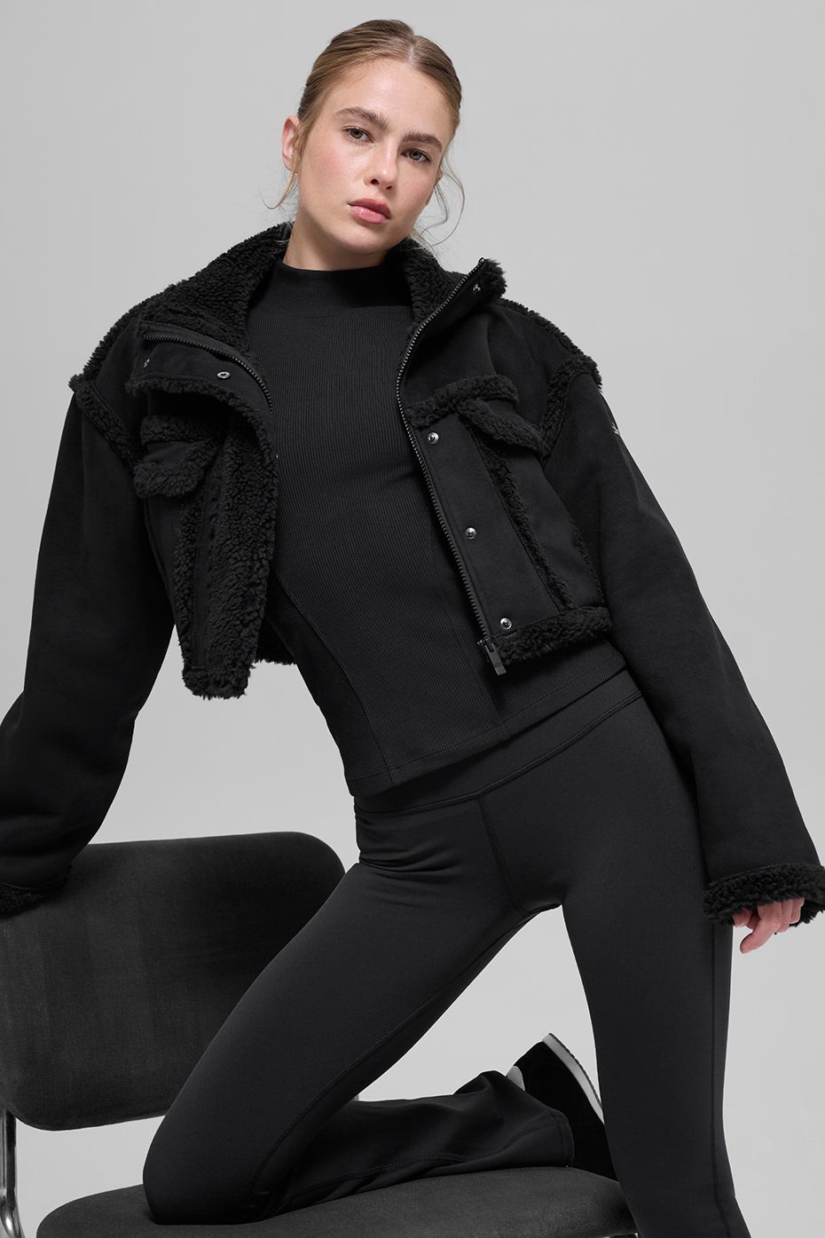 Faux Shearling Snowfall Cropped Jacket - Black